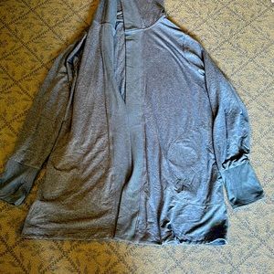 Athleta XL stretchy open jacket thumb hole pockets hooded flattering forgiving